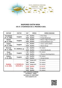 Raspored svetih misa od 27. studenoga do 3. prosinca 2023.