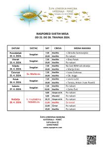 Raspored svetih misa od 22. do 28. travnja 2024.