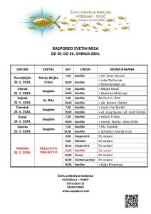 Raspored svetih misa od 20. do 26. svibnja 2024.