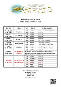Raspored svetih misa od 19. do 25. kolovoza 2024.