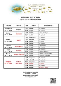 Raspored svetih misa od 22. do 29. prosinca